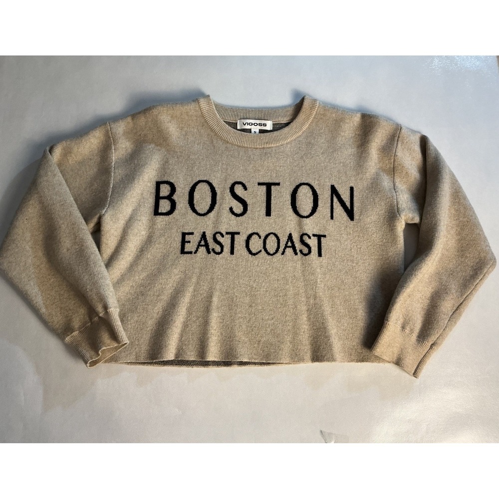 VIGOSS Boston Small Cropped Sweater Women's Beige Soft Knit Crewneck Pullover